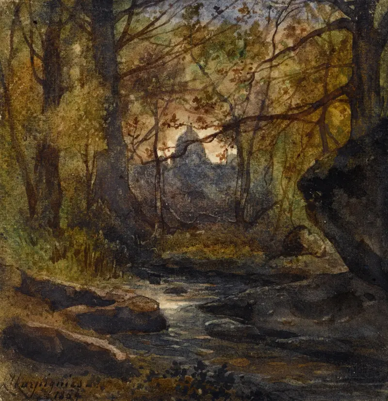 Skogsmark med en kupol i fjärran av Henri-Joseph Harpignies
