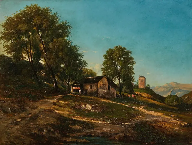 Sommarlandskap med bondgård av Henri-Joseph Harpignies