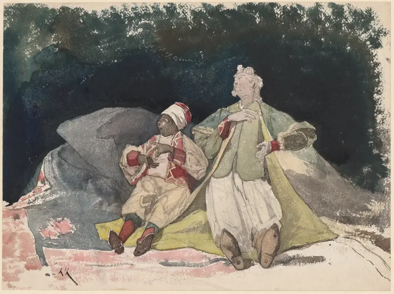 Two Dolls or Puppets Sitting on Cushions av Henri-Joseph Harpignies