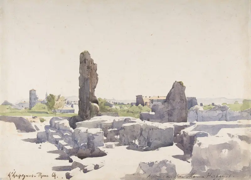 View of the Colosseum from the Basilica of Domitian and the Flavian Palace, Rome av Henri-Joseph Harpignies