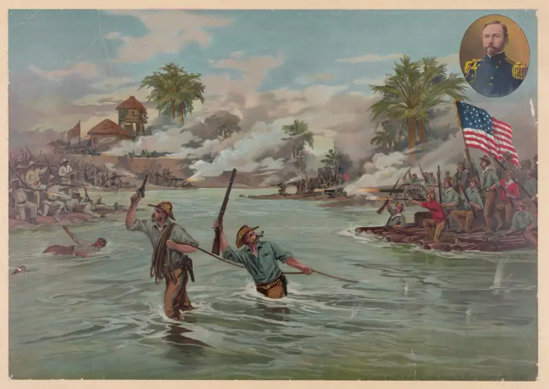 Col. Funston and 20th Kansas volunteers crossing the river at Calumpit, April 26th 1899 av Joseph Hoover