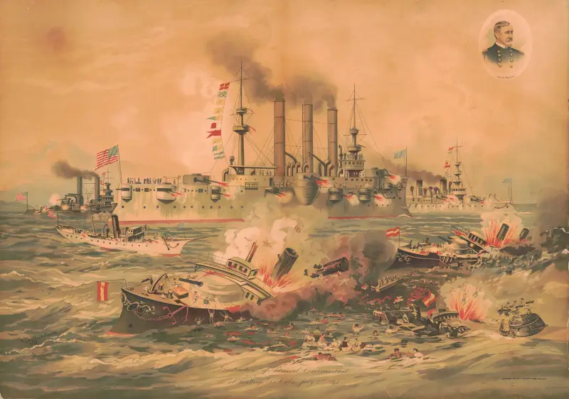 Destruction of Admiral Cervera’s fleet, at Stantigo de Cuda, July 3rd 1898 av Joseph Hoover