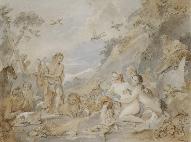 Orpheus Charming the Nymphs, Dryads, and Animals av Charles-Joseph Natoire