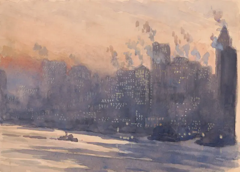 New York City harbor and skyline at night av Joseph Pennell