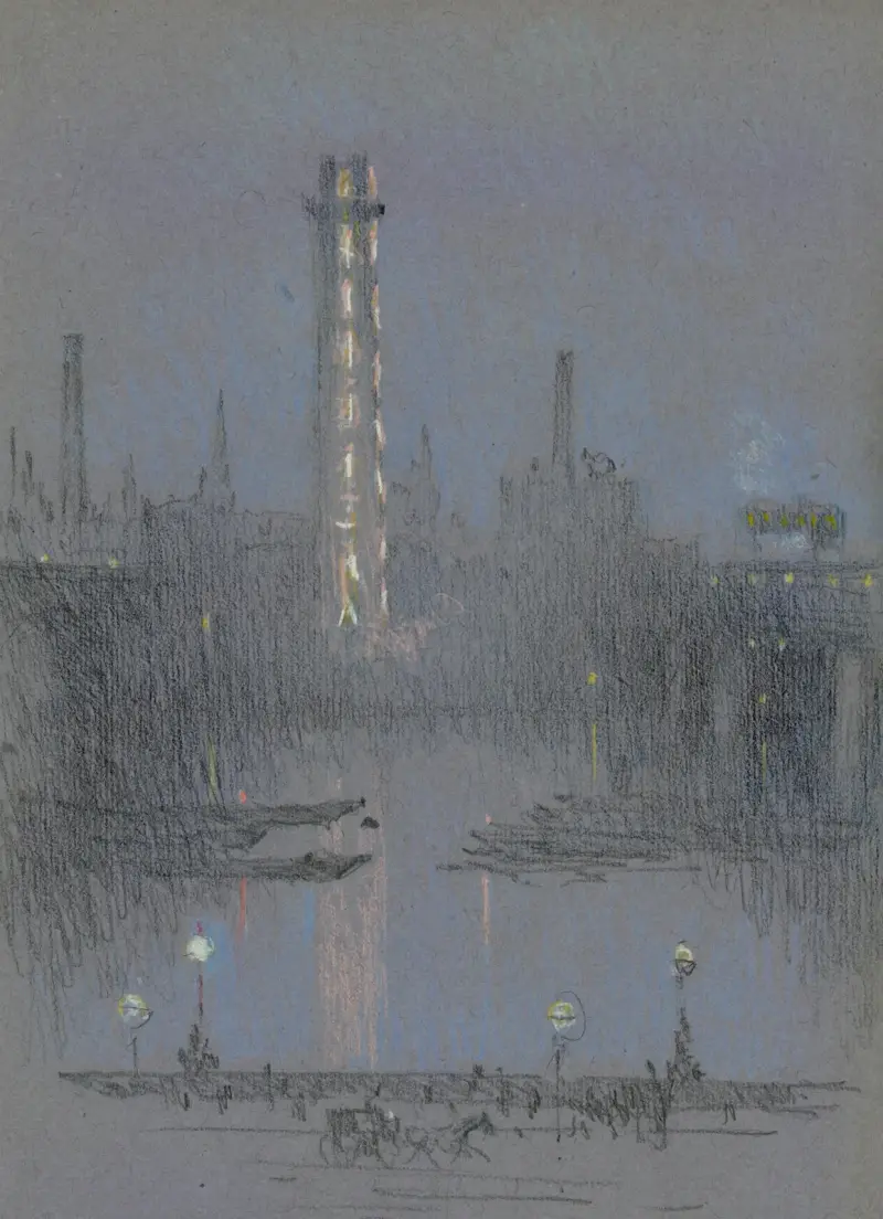 Shot Tower with night lights, from Embankment av Joseph Pennell