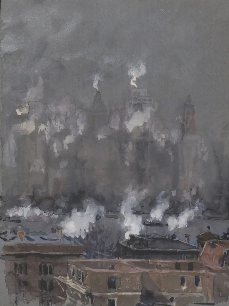 Rök och dimma på grå dag, New York City av Joseph Pennell