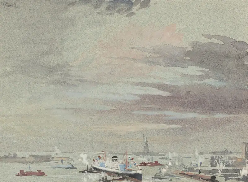 Hamnen och Frihetsstatyn av Joseph Pennell