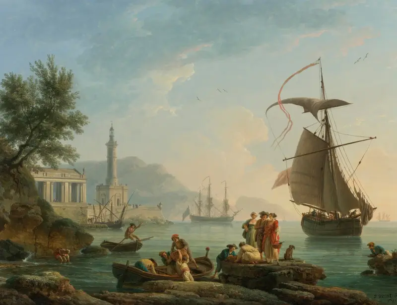 En medelhavshamn i solnedgång med fiskare vid vattnet, en fyr och ett örlogsfartyg till ankars i bukten av Claude-Joseph Vernet