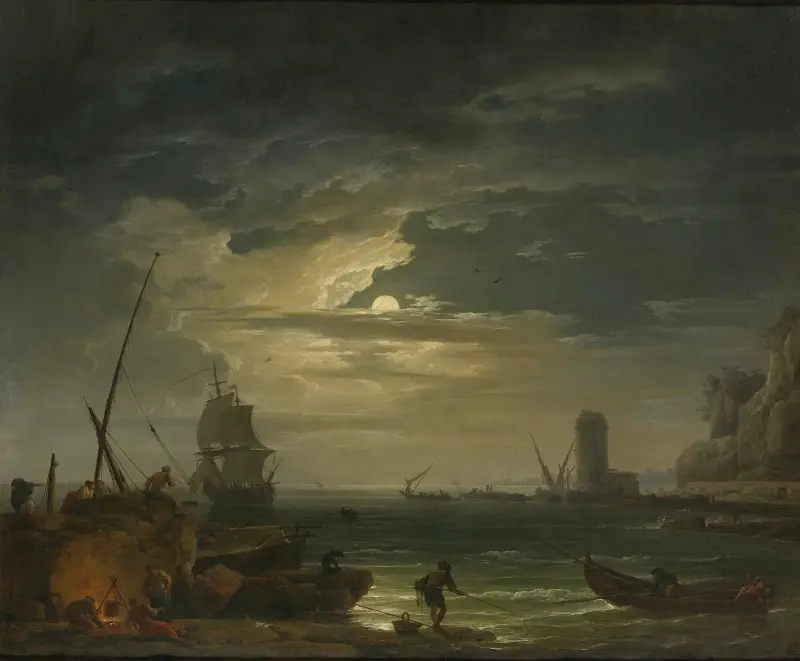 A Mediterranean Inlet By Moonlight av Claude-Joseph Vernet