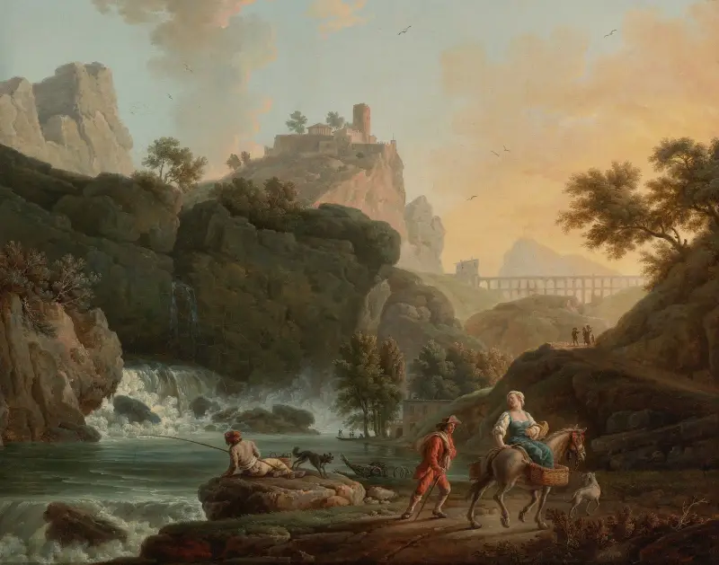 Ett klipplandskap med en fiskare och resenärer vid en flod med ett vattenfall, en akvedukt i fjärran av Claude-Joseph Vernet