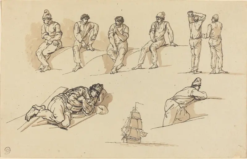 Acht Figurenstudien und ein Schiff auf dem Meer von Claude-Joseph Vernet