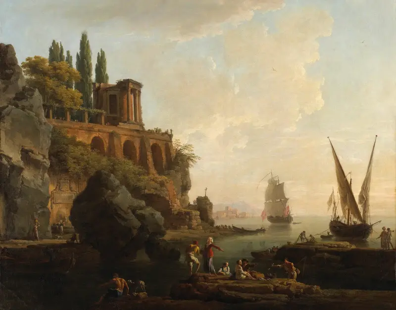Föreställt landskap, italiensk hamnscen av Claude-Joseph Vernet