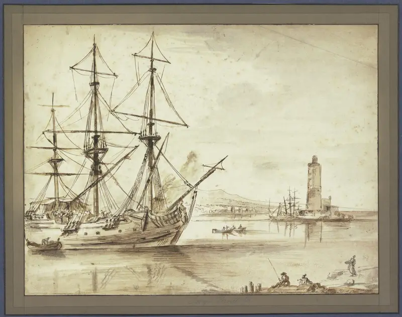 Marine, links ein Dreimaster, rechts ein Leuchtturm av Claude-Joseph Vernet