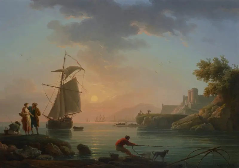 Mittelmeerhafen bei Sonnenuntergang, mit einem Fischer im Vordergrund von Claude-Joseph Vernet