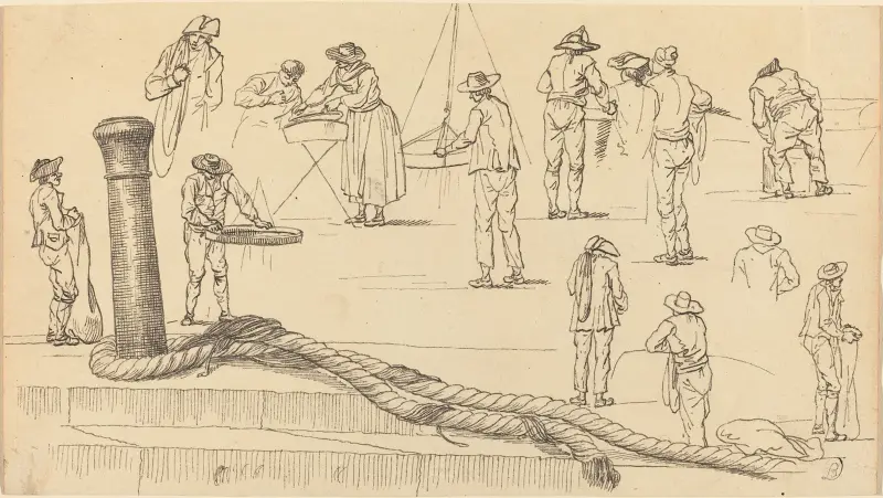 Figurer på kajen och en tross fäst vid en pollare av Claude-Joseph Vernet