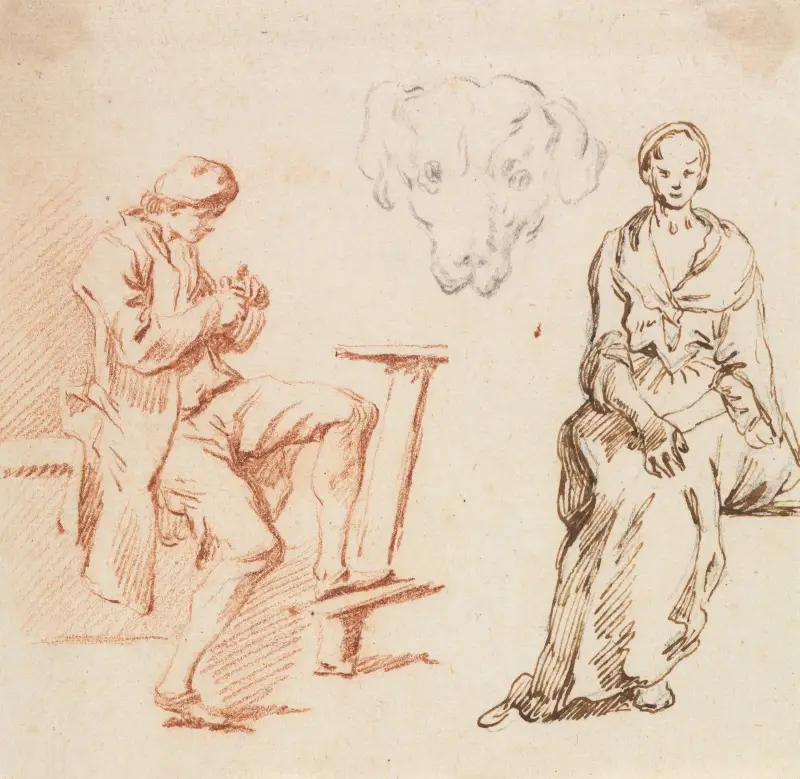 Ark med studier: sittande man, hundhuvud, sittande kvinna av Claude-Joseph Vernet