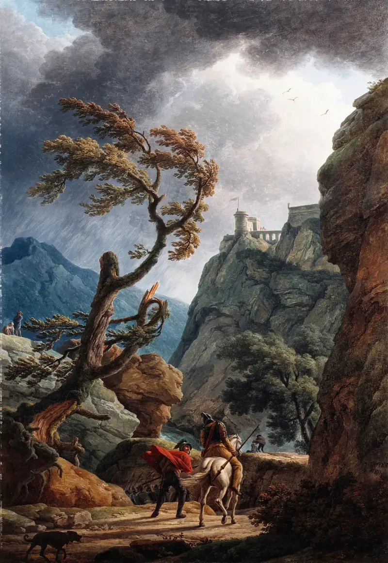 Soldater i en bergsklyfta med storm av Claude-Joseph Vernet