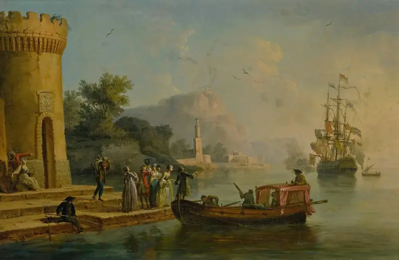 Utsikt över en medelhavshamn med en grupp figurer vid strandkanten, ett stort fartyg bortom av Claude-Joseph Vernet
