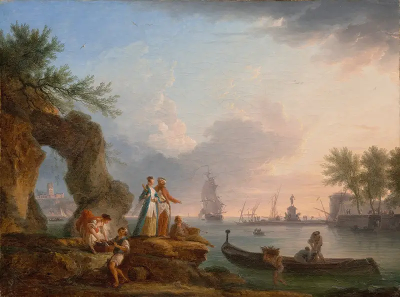 Hafenblick bei Sonnenuntergang mit Fischern und einem Paar in orientalischer Kleidung von Claude-Joseph Vernet