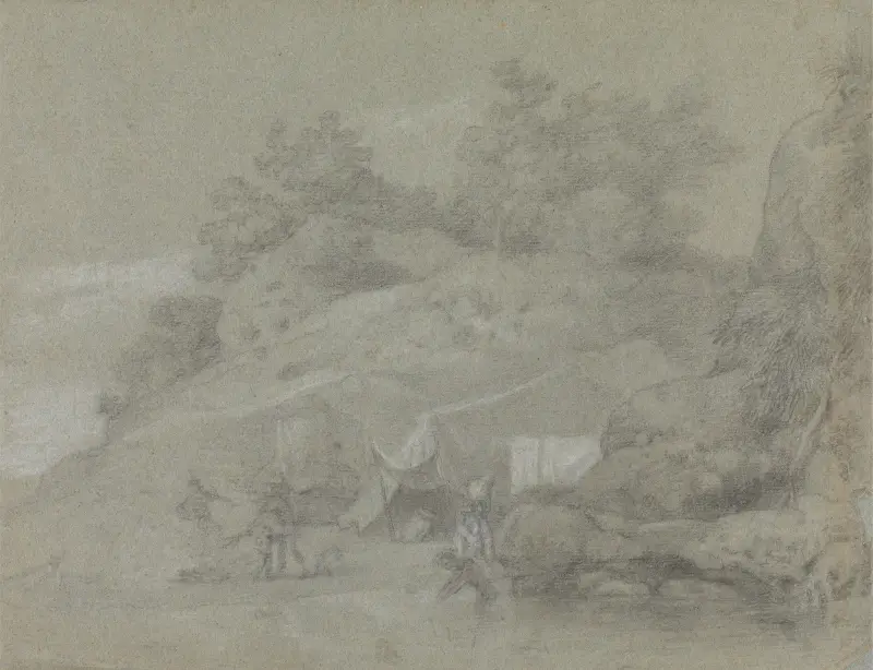 A River by a Rocky Bank with Figures, Possibly in India av Johan Joseph Zoffany