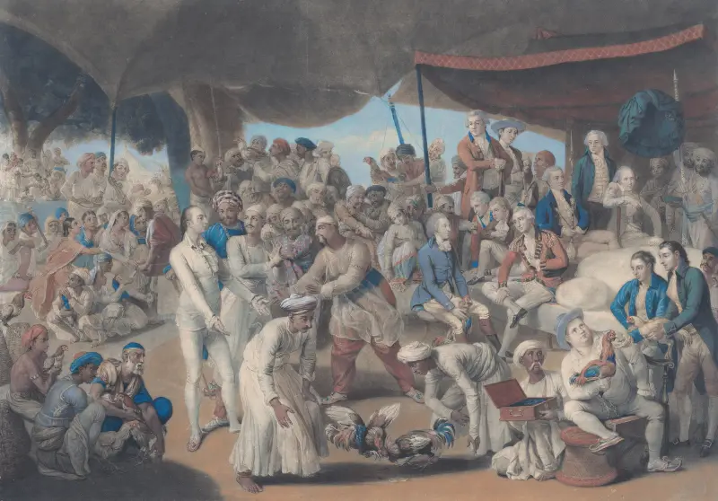 Colonel Mordaunt’s Cock Match at Lucknow av Johan Joseph Zoffany