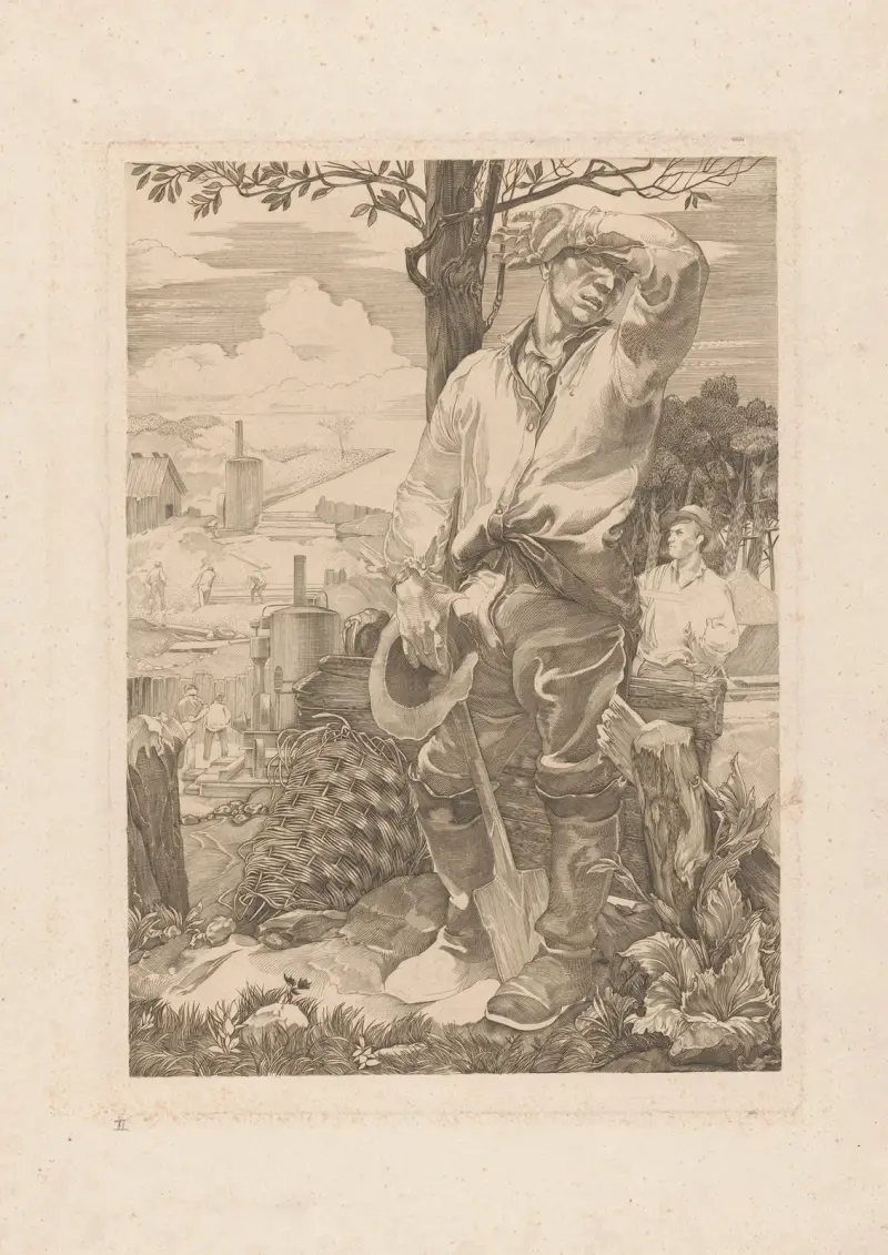 Arbeider die zweet van zijn voorhoofd veegt av Johannes Josephus Aarts