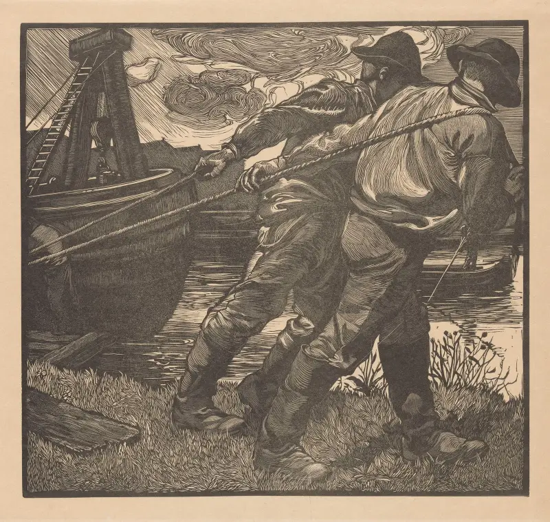 Arbetare med rep på stranden av Johannes Josephus Aarts