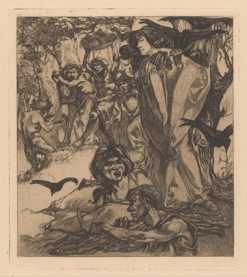 Skogslandskap med människor, kråkor och satyr av Johannes Josephus Aarts