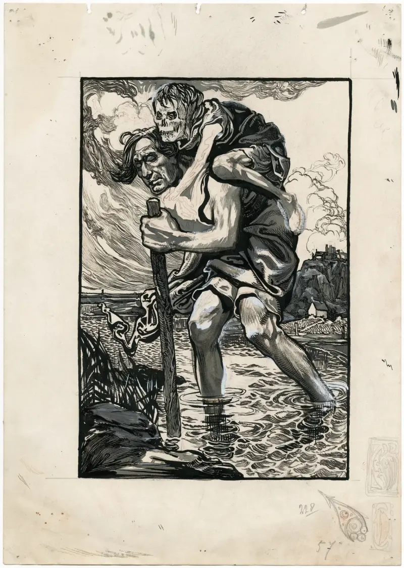 Man vadande genom vatten med skelett på ryggen av Johannes Josephus Aarts
