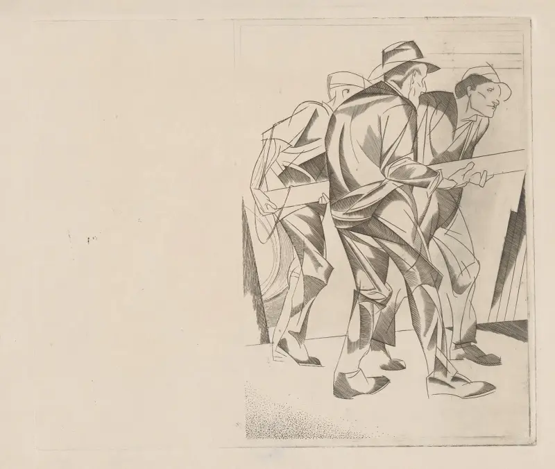 Tre arbetare bär en bjälke av Johannes Josephus Aarts
