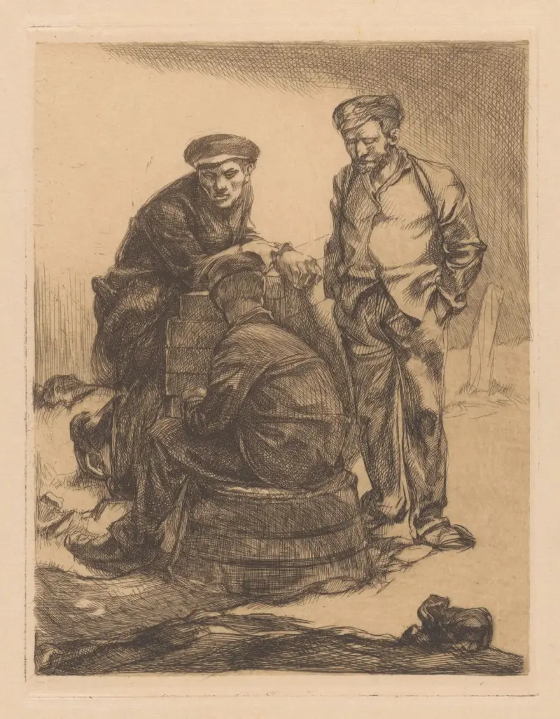 Tre arbetare med keps av Johannes Josephus Aarts