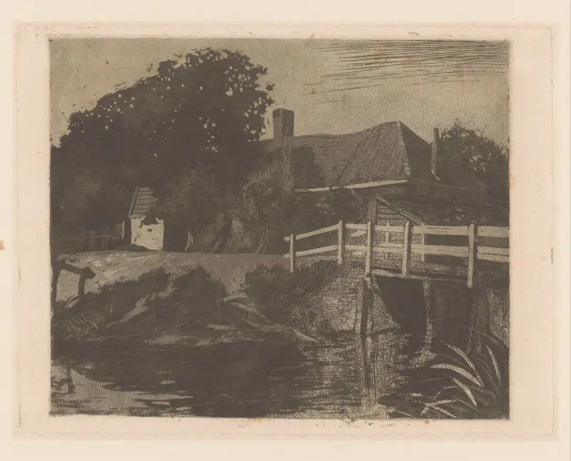 Landskap med bondgård, bro och dike av Johannes Josephus Aarts