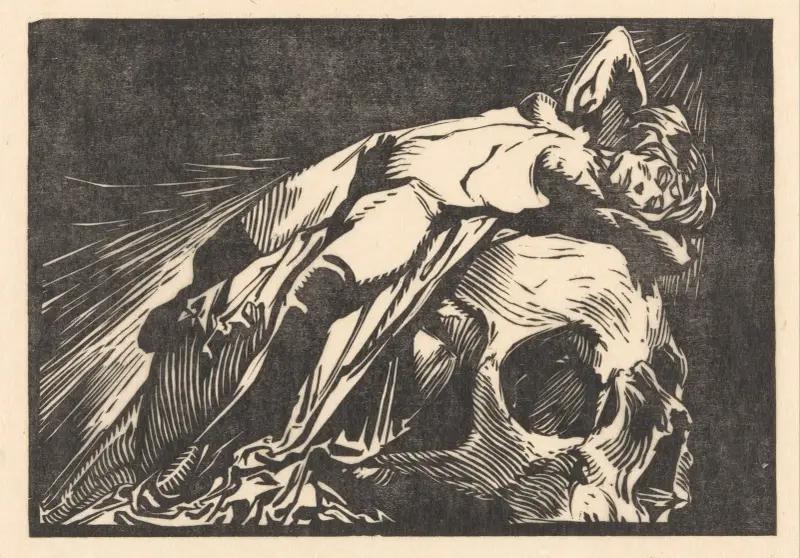 Liggande kvinna på dödskalle av Johannes Josephus Aarts