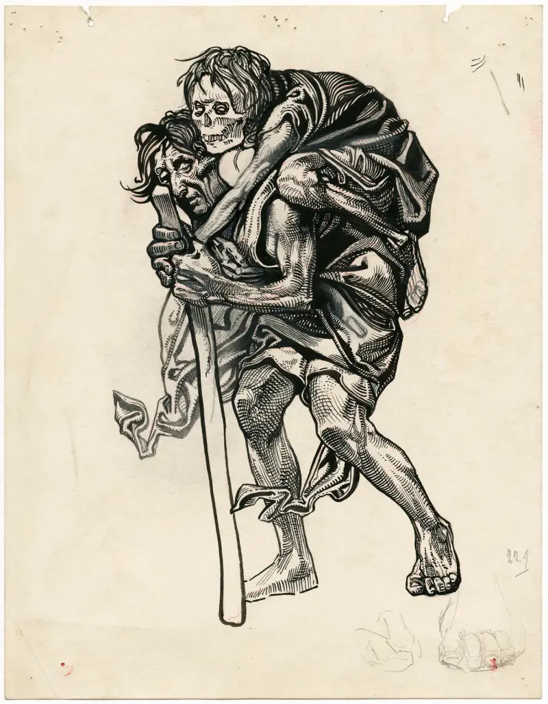 Löpande man med skelett på ryggen av Johannes Josephus Aarts