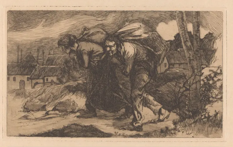 Man och kvinna med säck på ryggen av Johannes Josephus Aarts