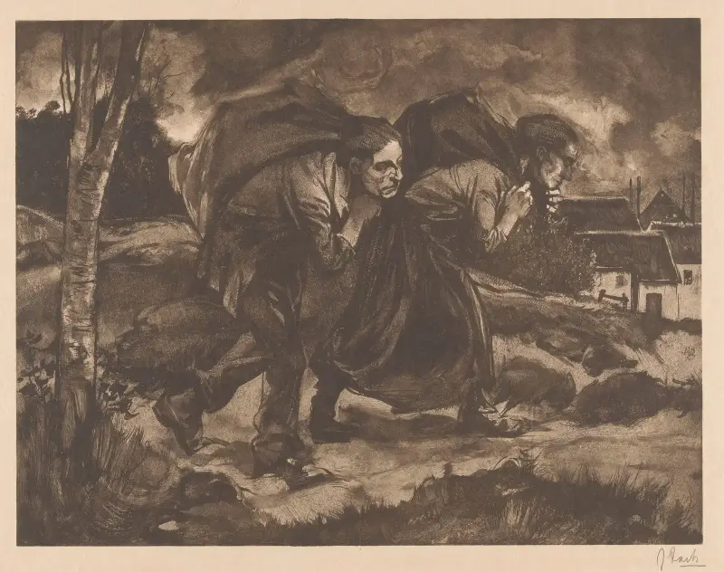 Man och kvinna med säck på ryggen av Johannes Josephus Aarts