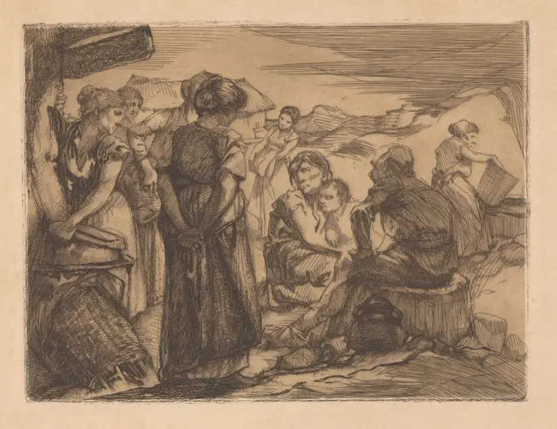Man, kvinna och barn i kuperat landskap av Johannes Josephus Aarts
