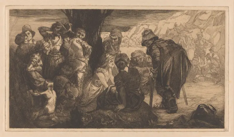 Mannen, vrouwen en kinderen bij een boom av Johannes Josephus Aarts
