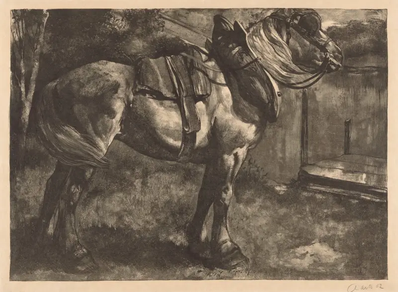 Uppsadlad häst vid en flodbank av Johannes Josephus Aarts