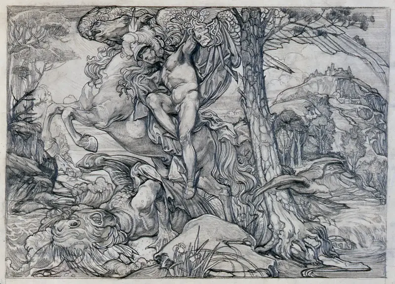Perseus ridande på Pegasus, dödande draken av Johannes Josephus Aarts