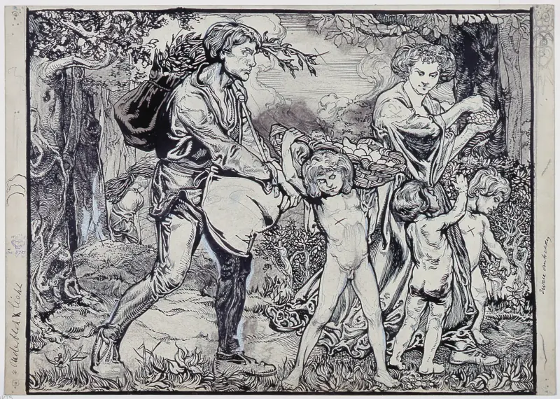 September månad, personifierad av två vuxna och tre barn som kommer från skogen med proviant av Johannes Josephus Aarts