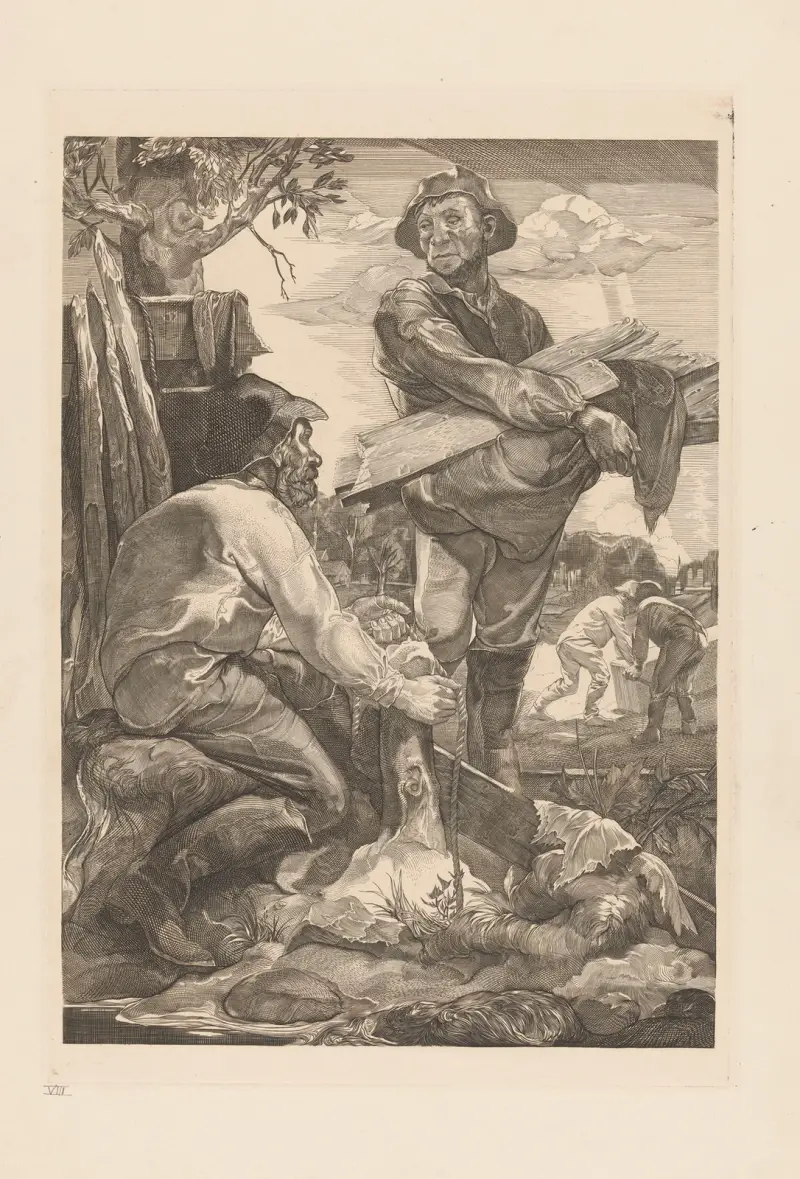 Två arbetare med rep och plankor av Johannes Josephus Aarts