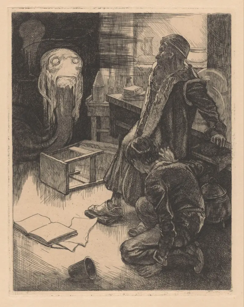 Två män och ett monster i ett arbetsrum av Johannes Josephus Aarts