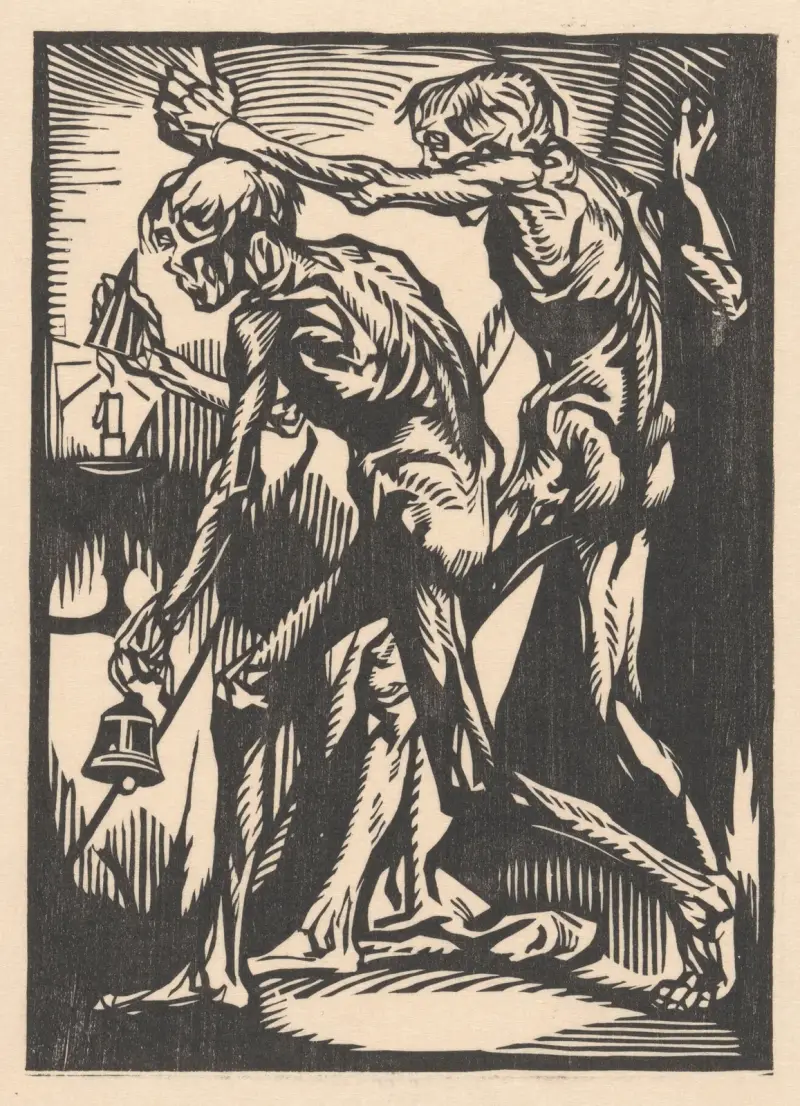 Två nakna mansfigurer med skälla och ljussläckare av Johannes Josephus Aarts