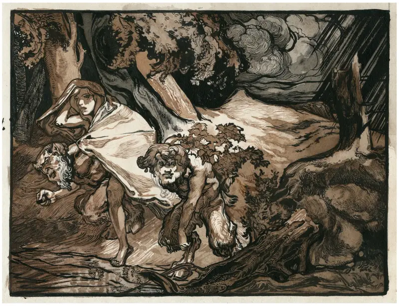 Två fauner och en pojke på flykt undan stormen av Johannes Josephus Aarts