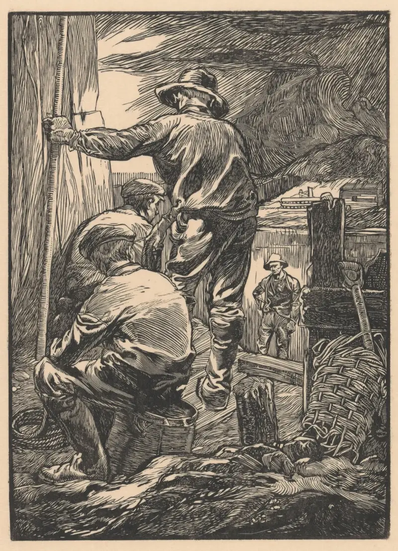 Fyra arbetare vid vattnet av Johannes Josephus Aarts