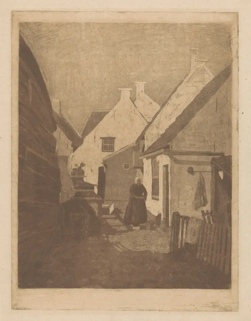 Kvinna i folkdräkt i folkligt kvarter av Johannes Josephus Aarts