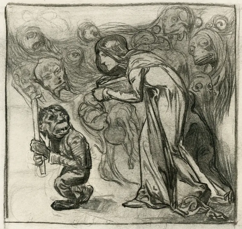 Kvinna följer gående gnom med ljus av Johannes Josephus Aarts