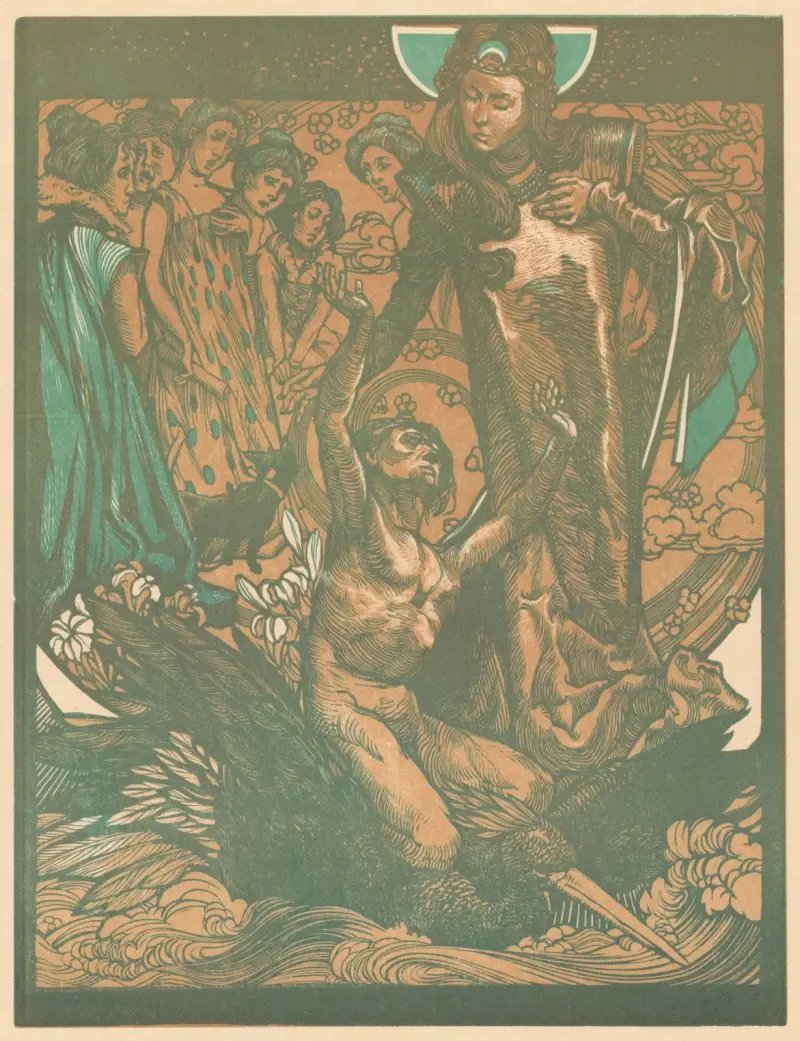 Kvinnofigurer med man på ryggen av en fågel av Johannes Josephus Aarts