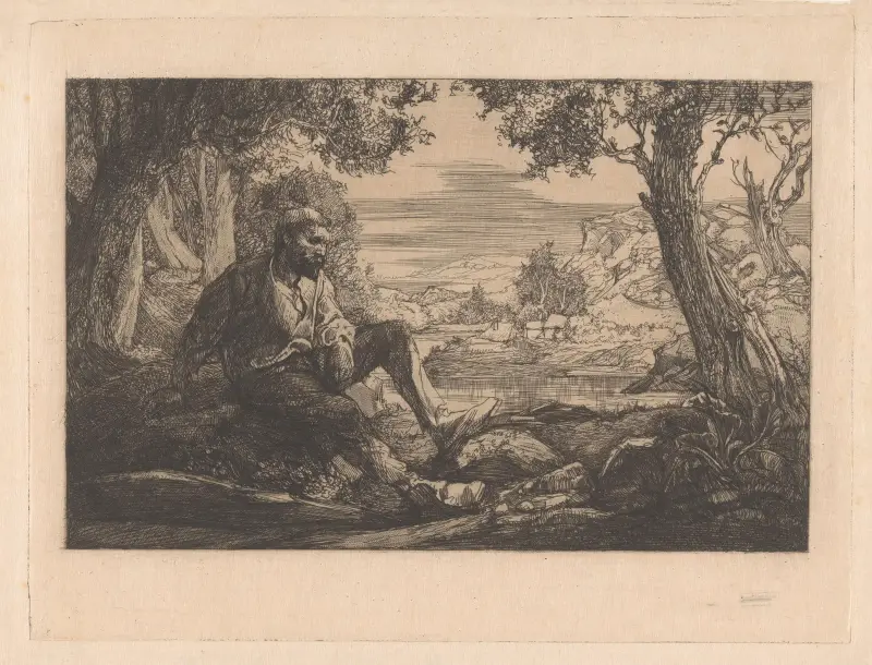 Sittande man i kuperat landskap av Johannes Josephus Aarts